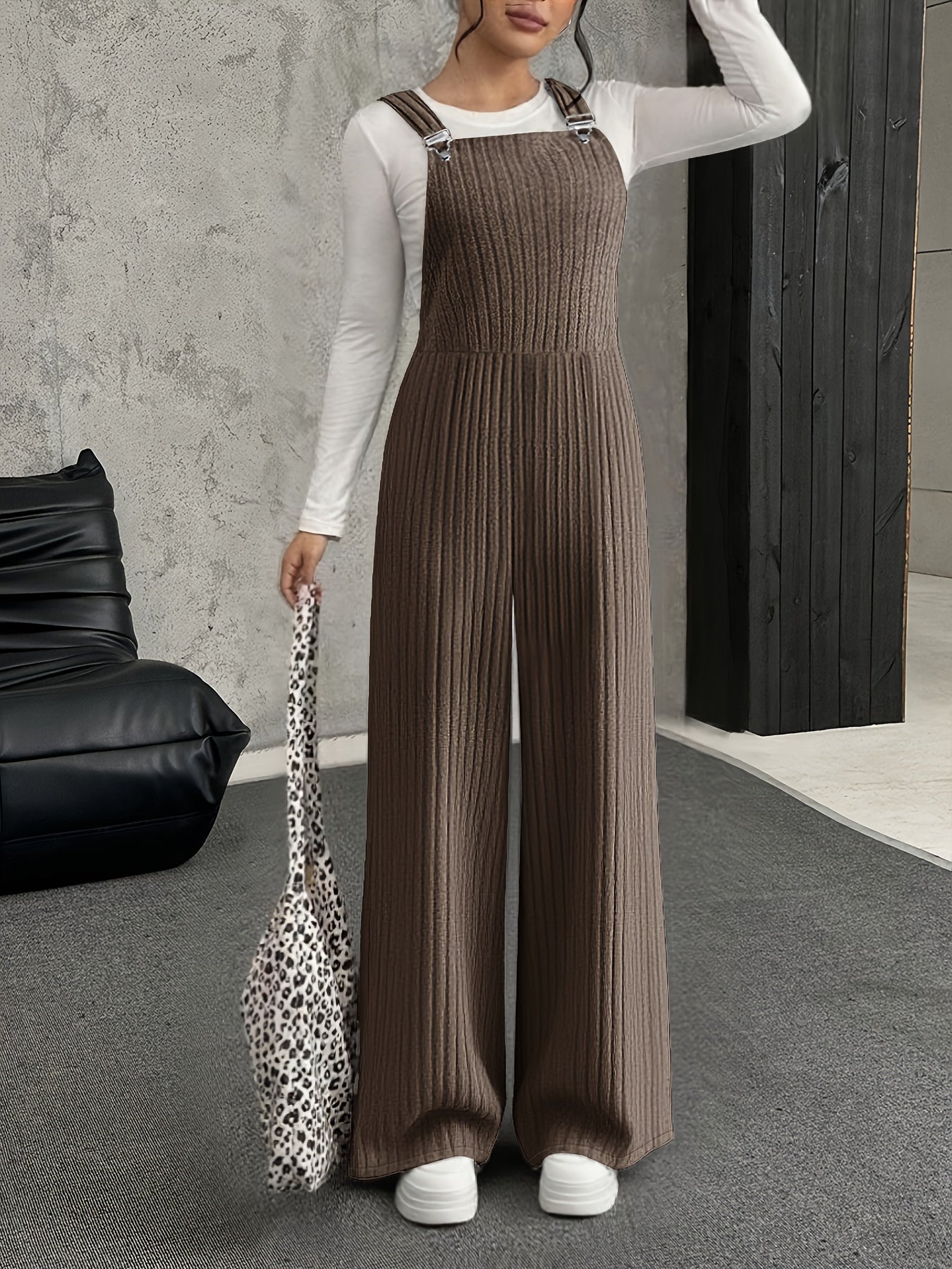 Salopette Femme ample côtelée gris clair à bretelles avec boucle
