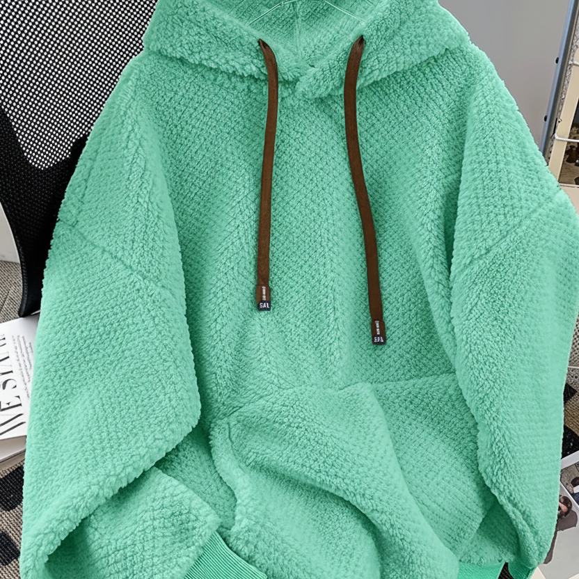 Sweat à Capuche Doux Effet Peluche Vert Militaire avec Cordon Contrastant