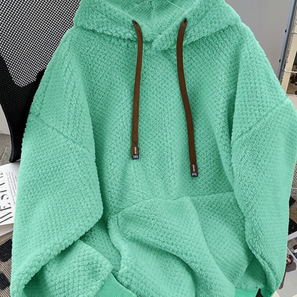 Sweat à Capuche Doux Effet Peluche Vert Militaire avec Cordon Contrastant
