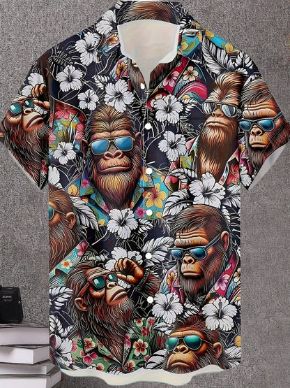 Hawaiihemd für Herren mit tropischem Gorilla-Print, lässiger Sommerstil  