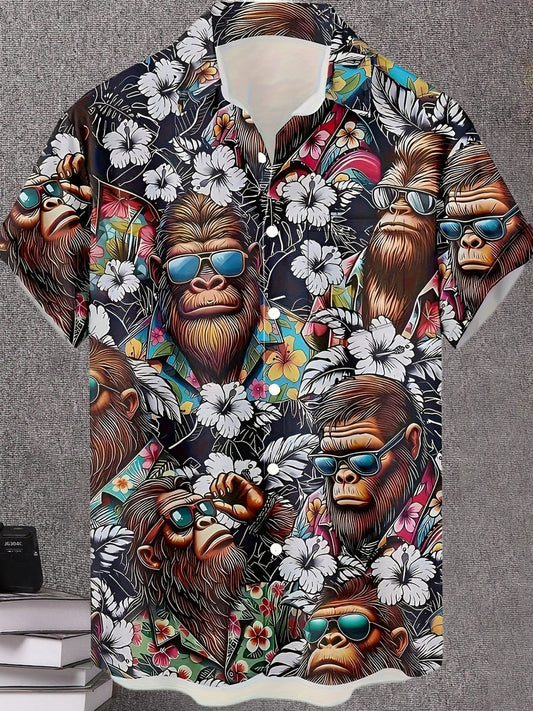 Hawaiihemd für Herren mit tropischem Gorilla-Print, lässiger Sommerstil  