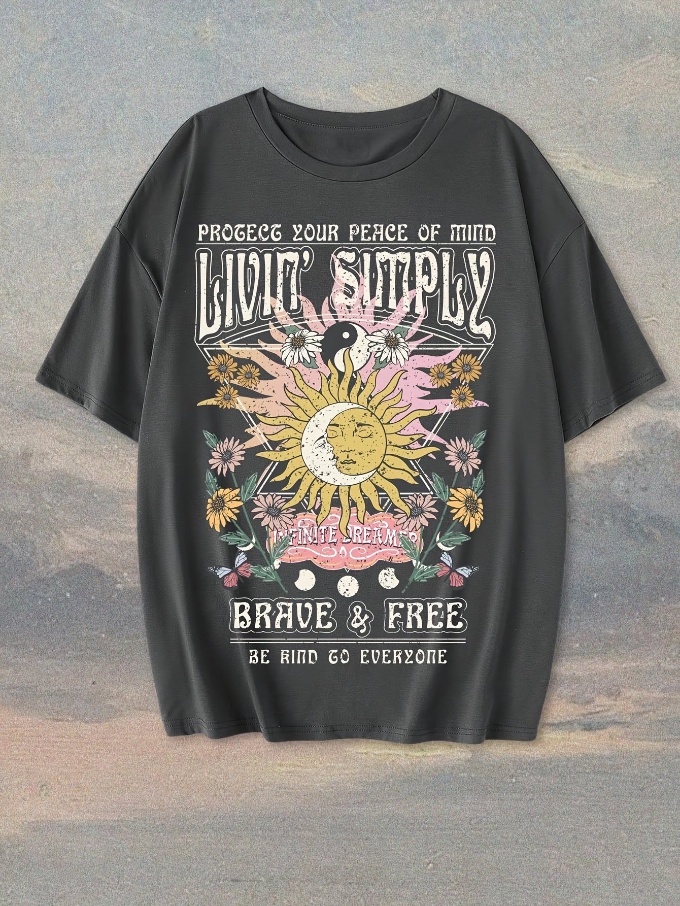 T-shirt femme style bohème graphique « Live Simply » imprimé soleil et lune, manche courte, casual