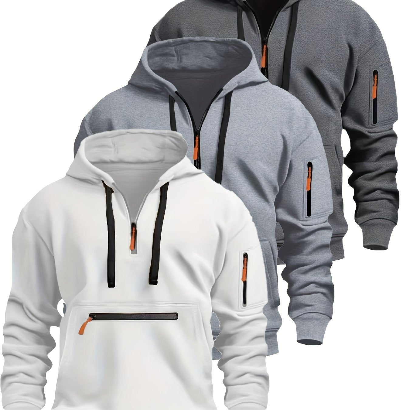 Sweat à Capuche Homme Zippé Mi-long avec Poche Kangourou et Manches Zippées