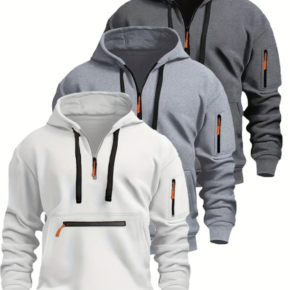 Sweat à Capuche Homme Zippé Mi-long avec Poche Kangourou et Manches Zippées