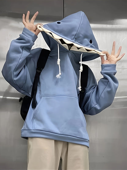 Sweat à Capuche Unisexe Bleu avec Capuche Requin à Dents 3D et Oreilles