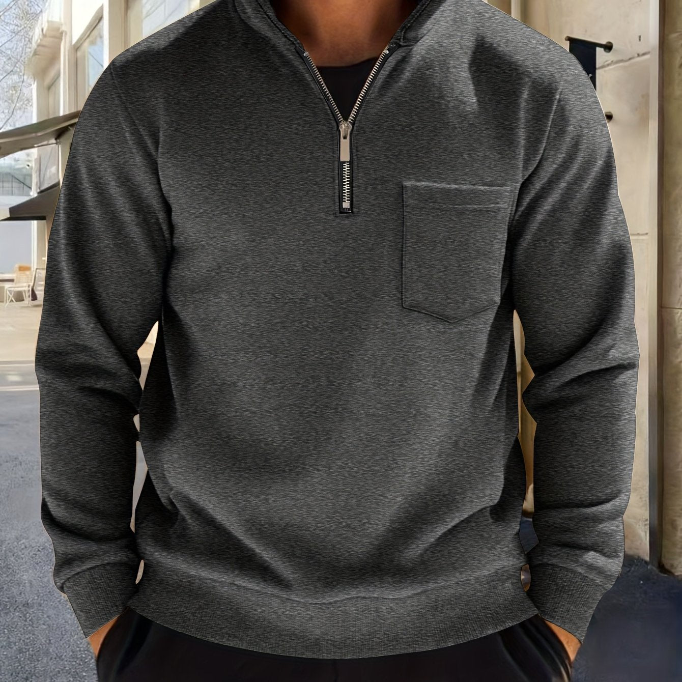 Sweat-shirt Homme Col Montant Zippé avec Poche Poitrine Couleur Unie