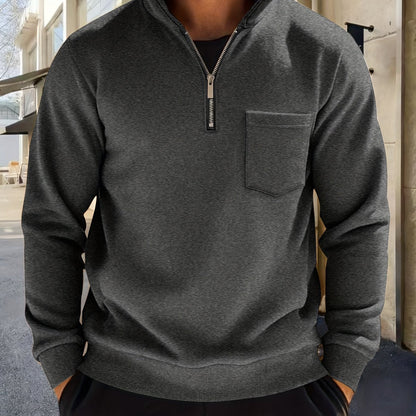 Sweat-shirt Homme Col Montant Zippé avec Poche Poitrine Couleur Unie