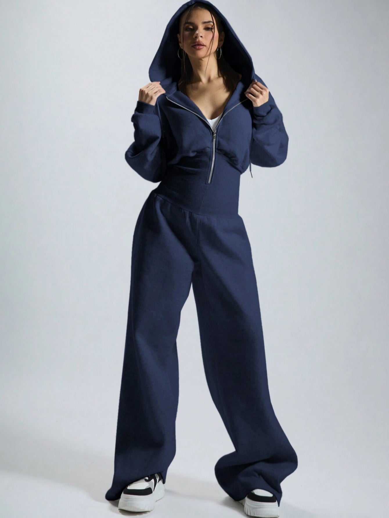 Combinaison pantalon femme à capuche, ample, taille marquée, fermeture éclair, couleurs variées