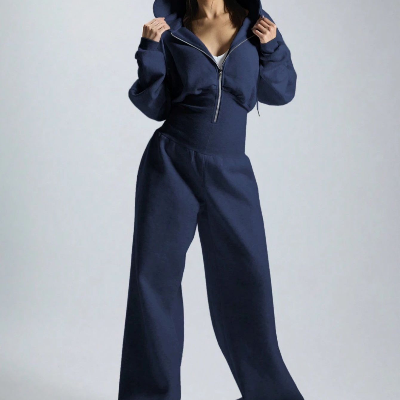 Combinaison pantalon femme à capuche, ample, taille marquée, fermeture éclair, couleurs variées