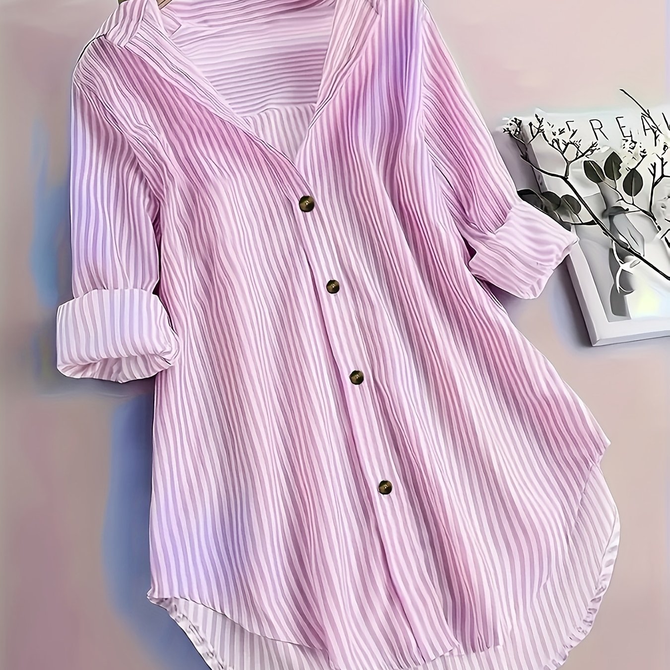 Camicia lunga a righe stile casual da donna, maniche lunghe, ideale per tutti i giorni
