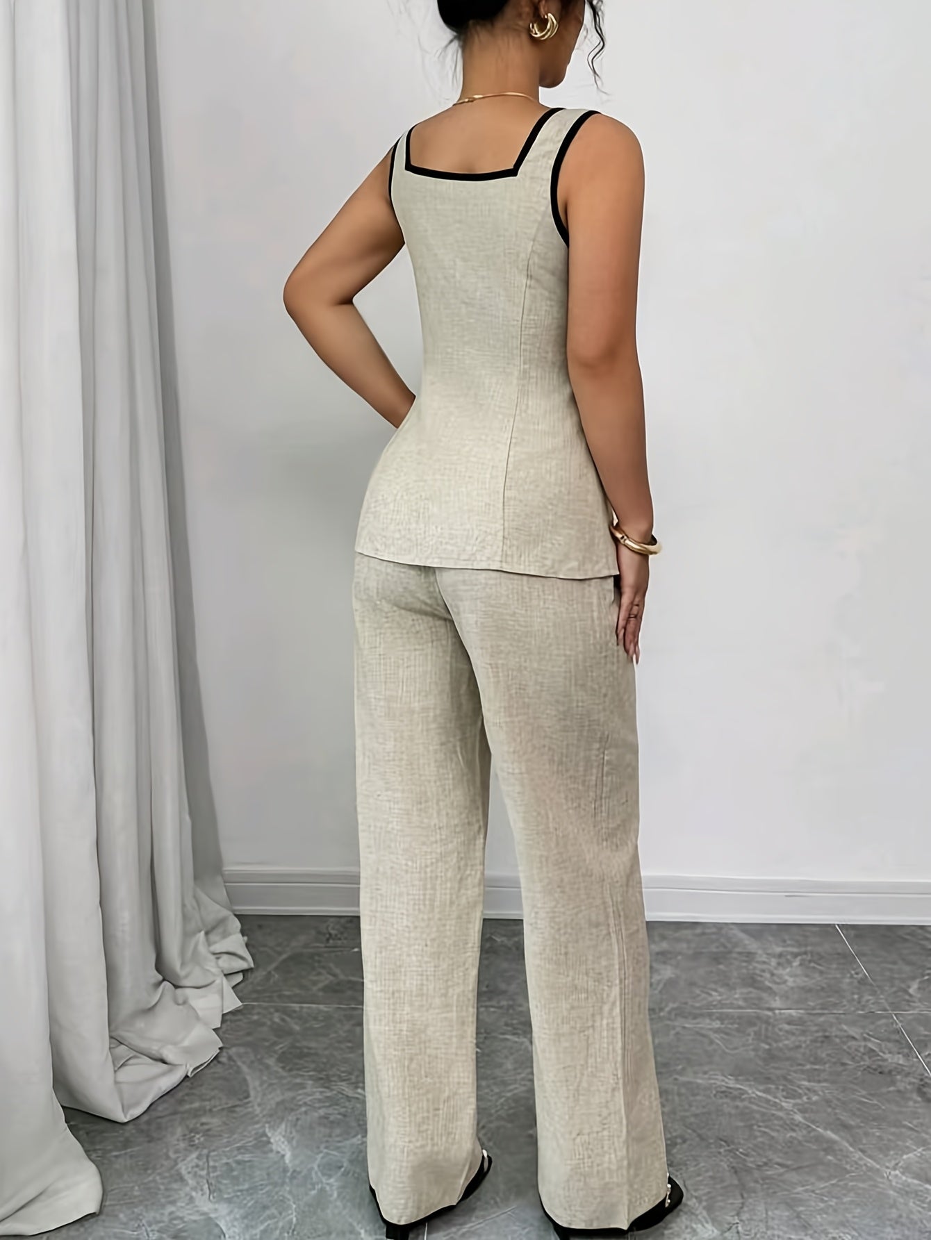 Elegantes Damen-Hosen- und Oberteil-Set im Büro-Stil mit Knöpfen – Frühling/Sommer