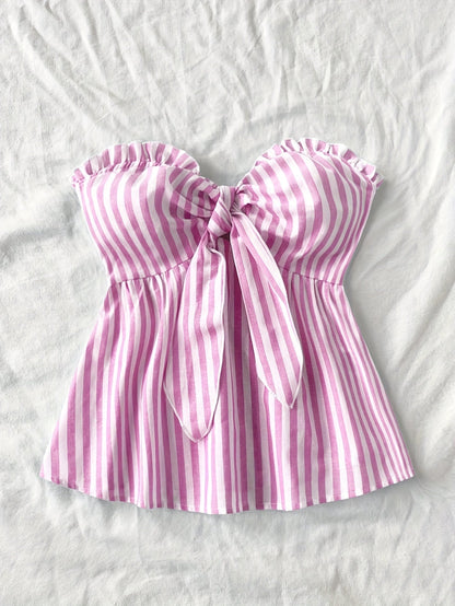 Striped tied-front bustier top casual style for women