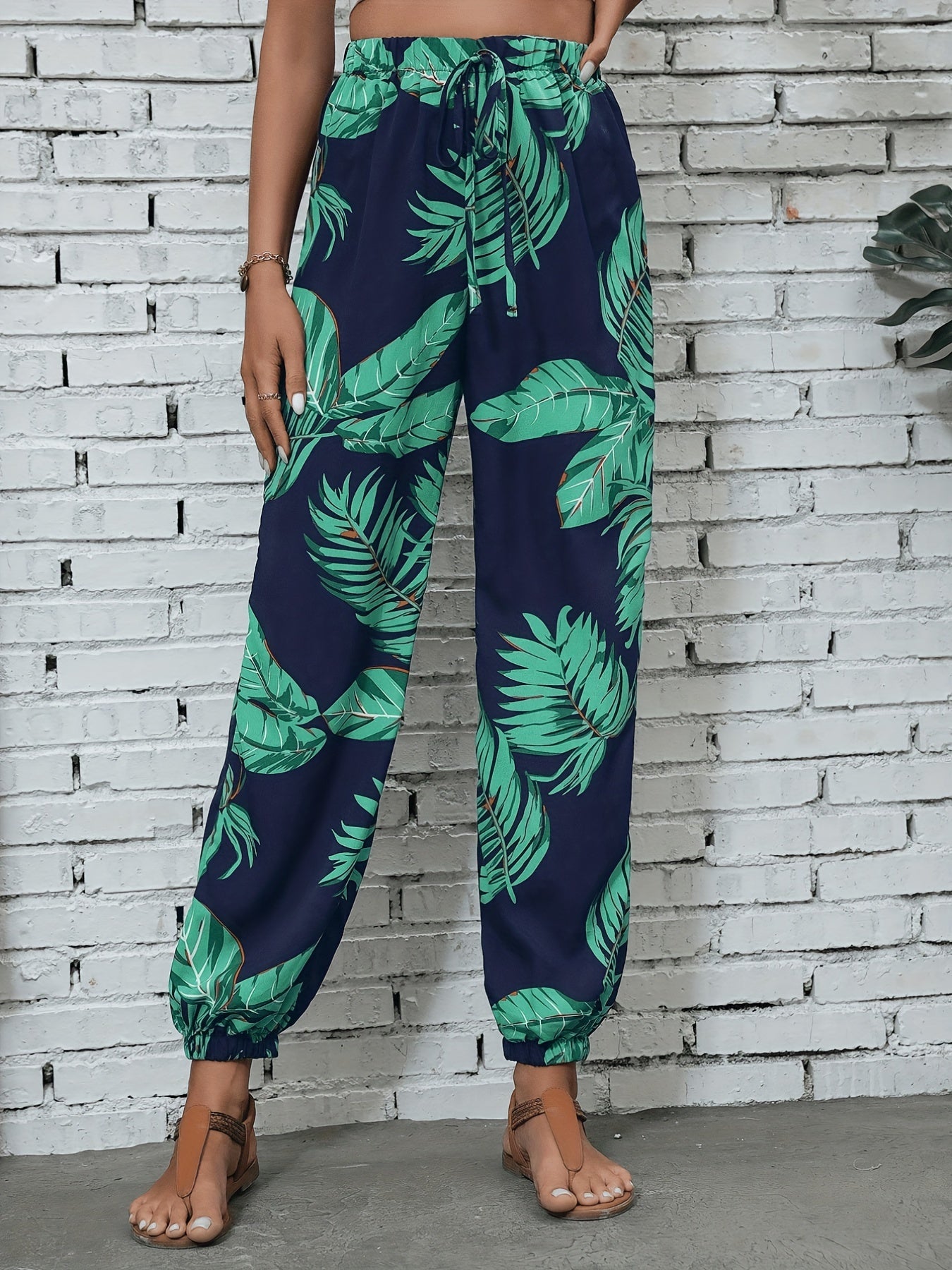 Pantalon jogger femme style vacances à imprimé feuilles pour le printemps/été