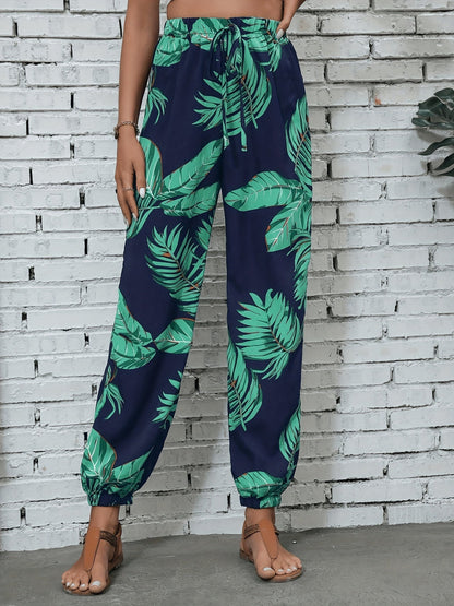 Pantalon jogger femme style vacances à imprimé feuilles pour le printemps/été
