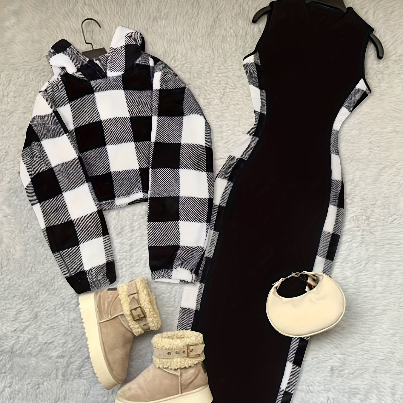 Ensemble robe longue et sweat crop à carreaux noir et blanc Femme