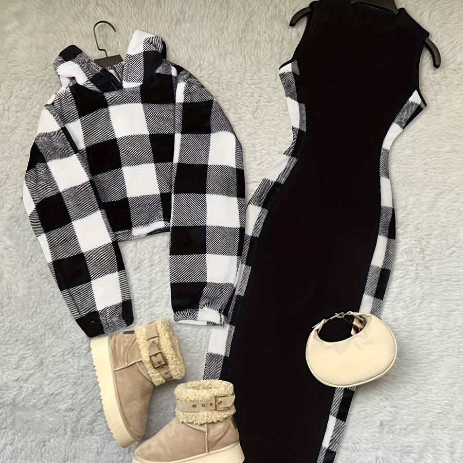 Ensemble robe longue et sweat crop à carreaux noir et blanc Femme