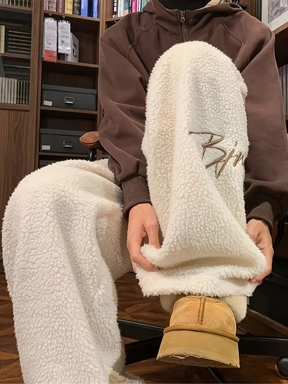 Pantalon large doux en tissu pelucheux avec broderie