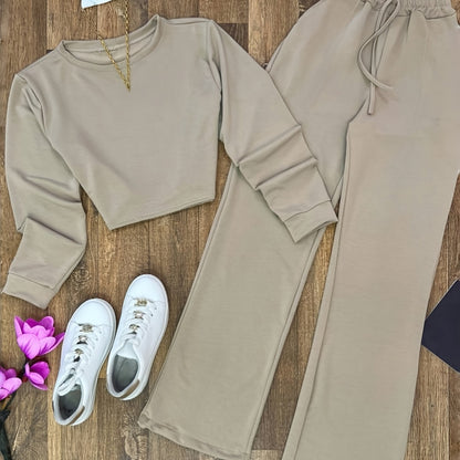 Ensemble Femme Crème Crop Top Manches Longues et Pantalon Large Élastique