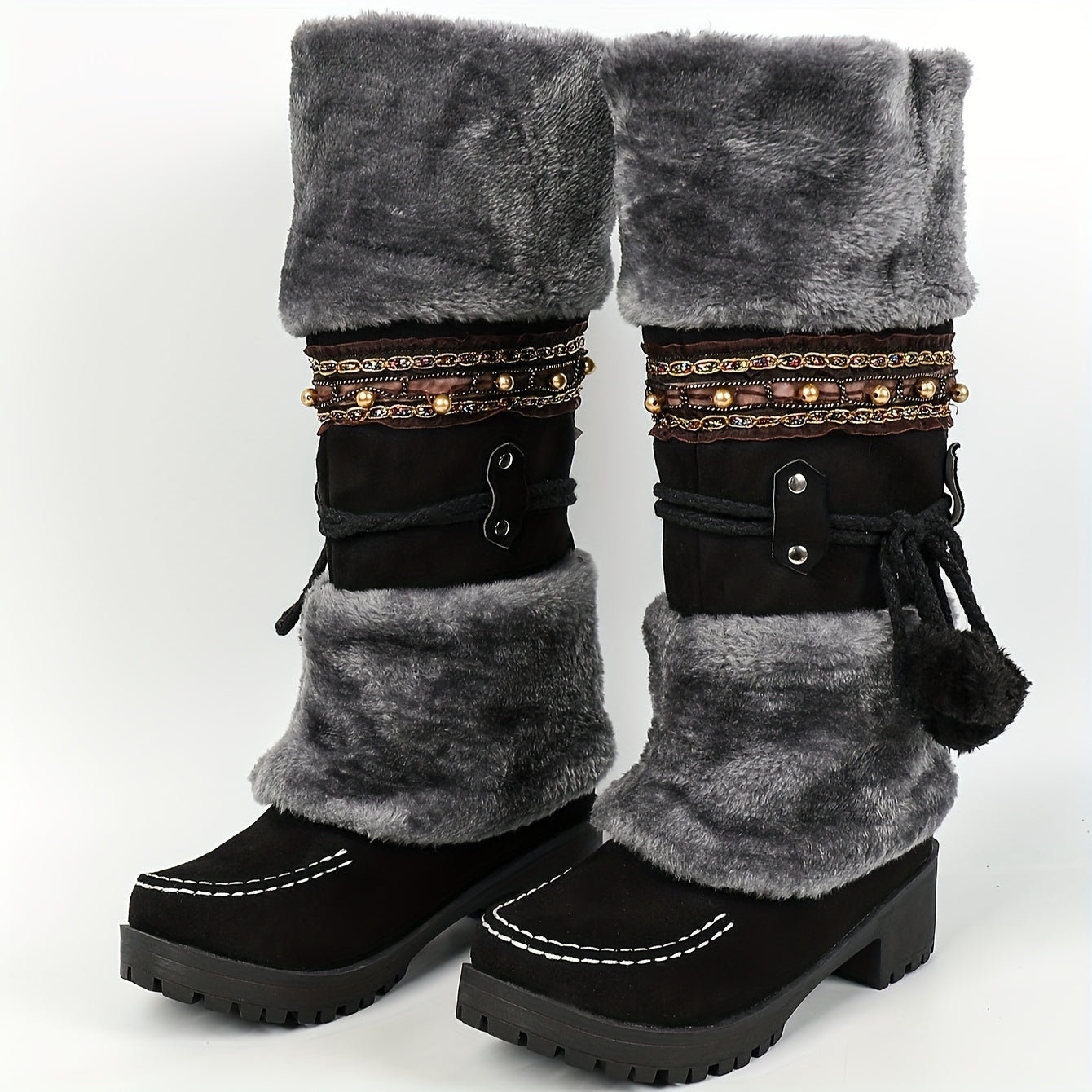 Bottes Femme Mi-Mollet Chaudes Style Ethnique Marron avec Fourrure et Pompons