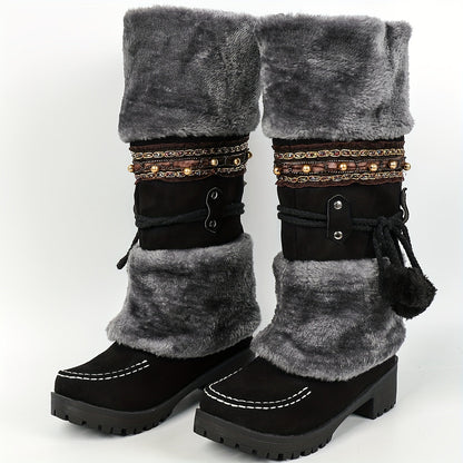 Bottes Femme Mi-Mollet Chaudes Style Ethnique Marron avec Fourrure et Pompons