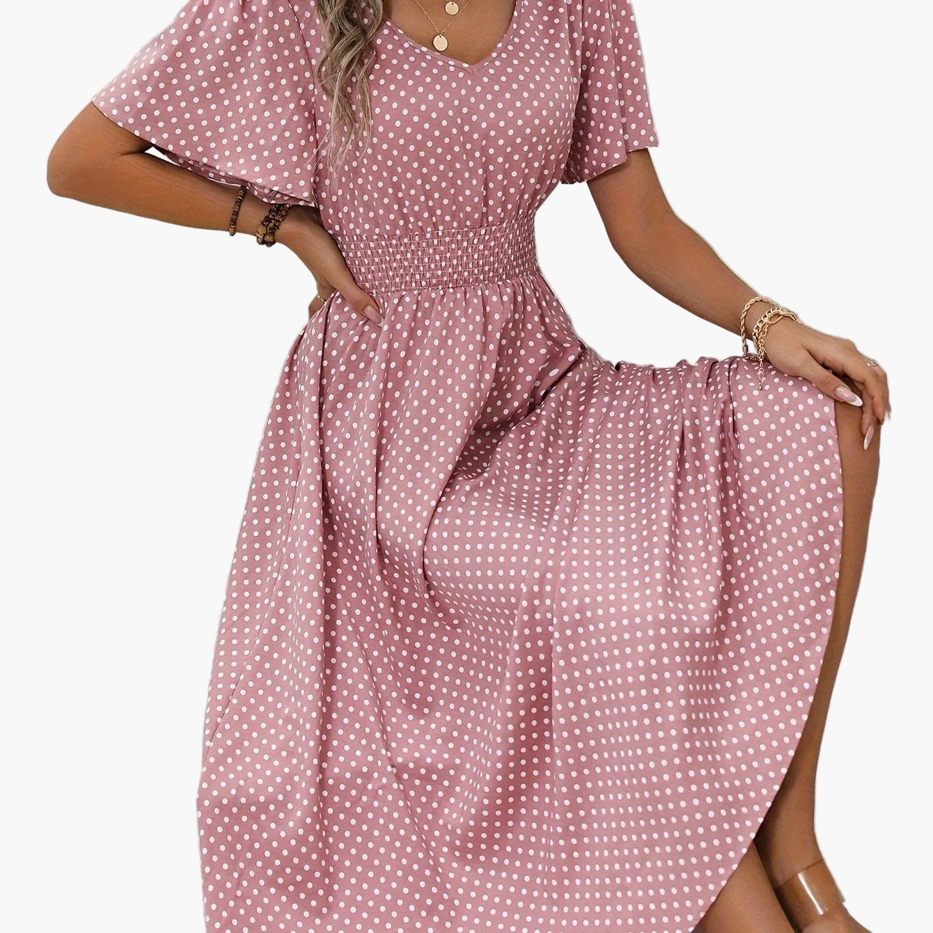 Elegancka sukienka damska w groszki, styl casual na wiosnę/lato
