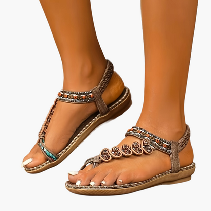 Sandales Tribales pour Femme Style Été avec Ornements Floraux et Bride Cheville