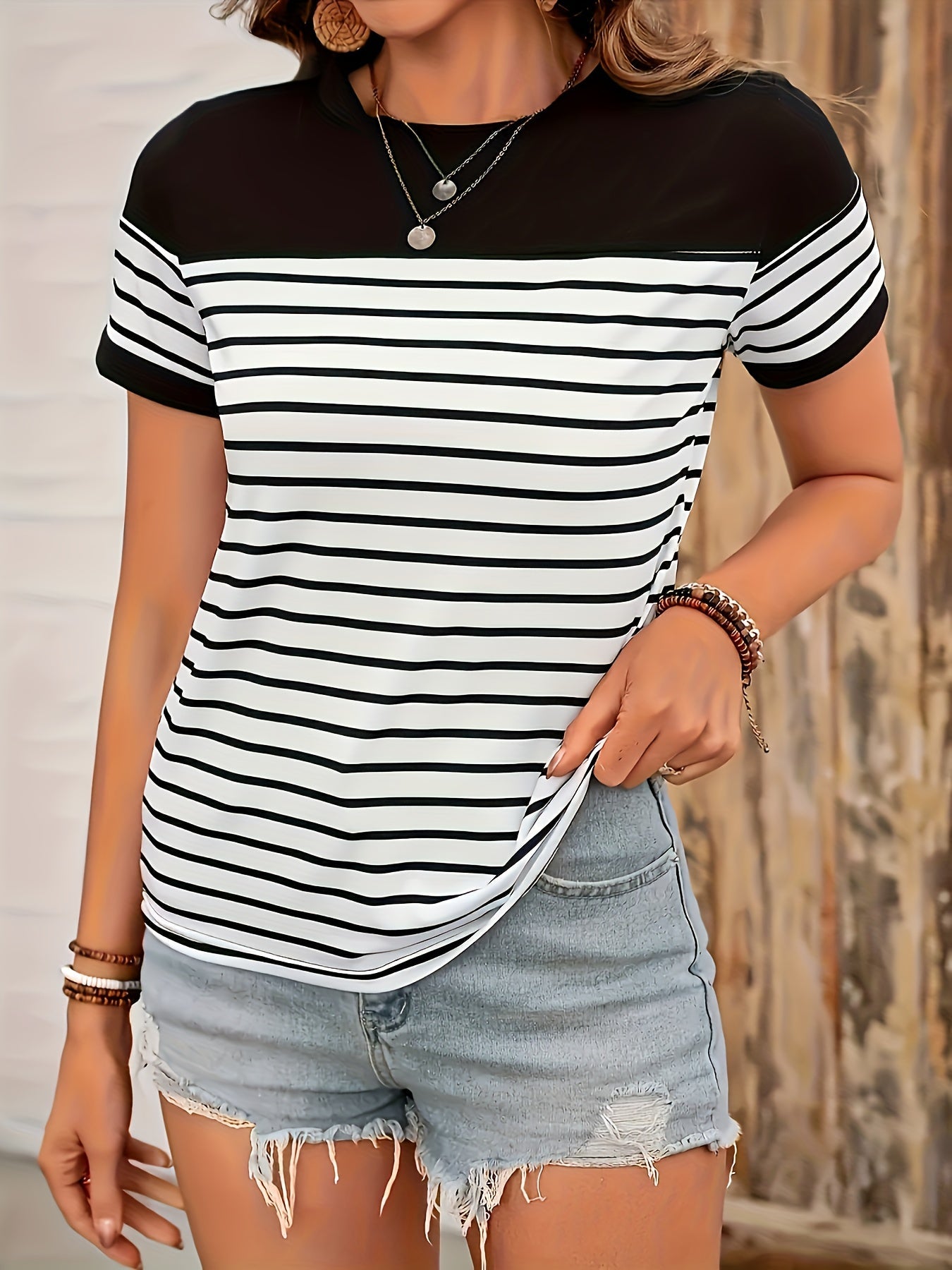 T-shirt damski w stylu marynarskim z krótkim rękawem, elegancki, na co dzień, casualowy