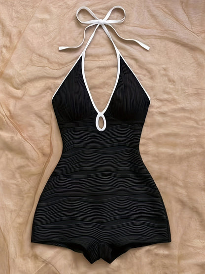 Maillot de Bain Femme Une-Pièce Style Vintage à Décolleté Plongeant et Finition Contrastée