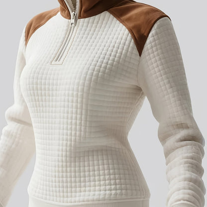 Pull matelassé Femme Col Montant Zippé Blanc Cassé Épaules Marron Effet Daim