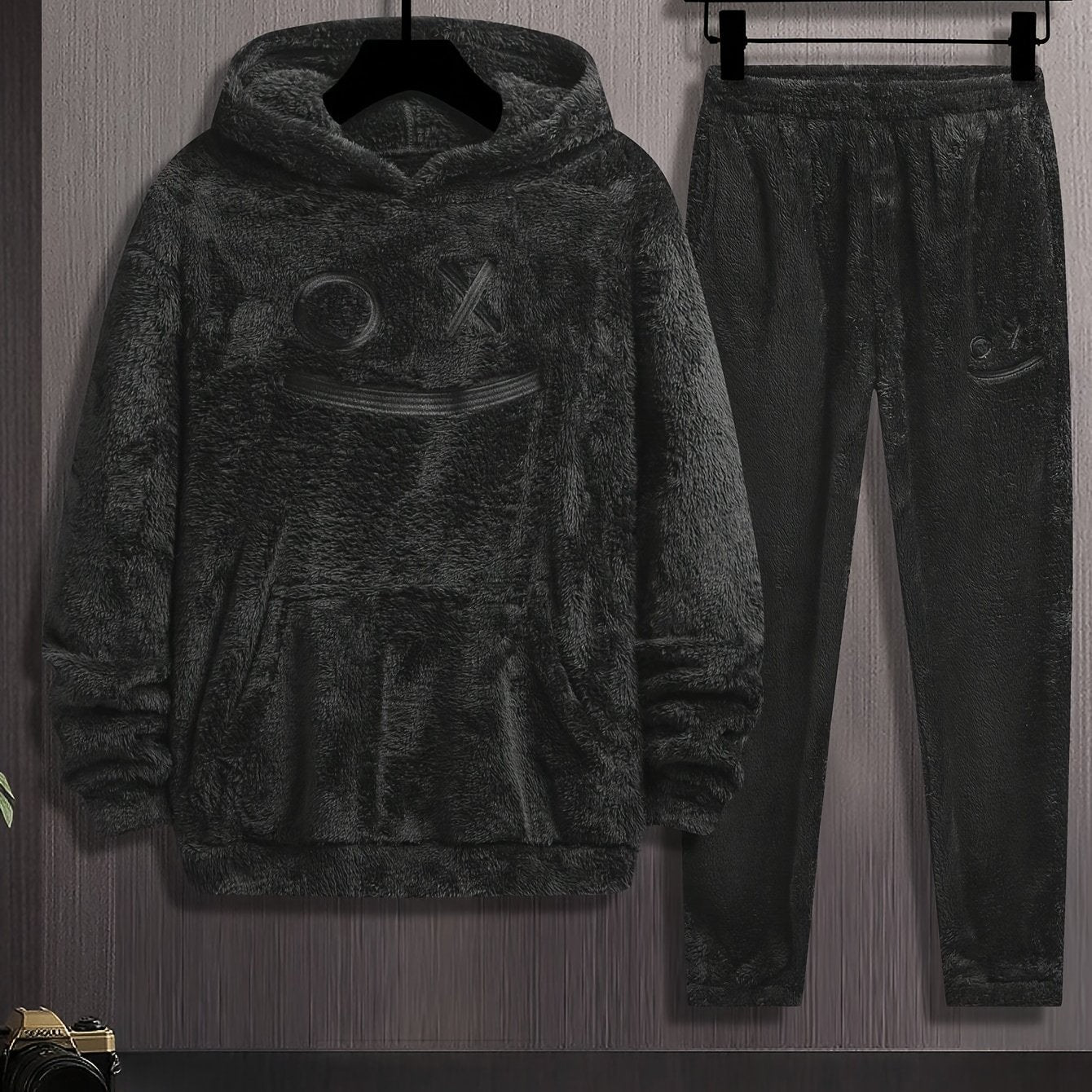 Ensemble Homme Doux Noir à Capuche et Pantalon Motif Géométrique Relief
