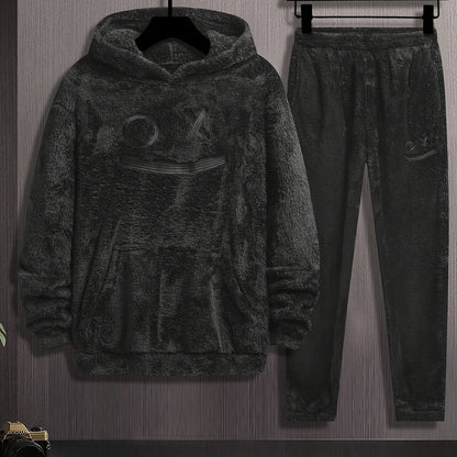 Ensemble Homme Doux Noir à Capuche et Pantalon Motif Géométrique Relief