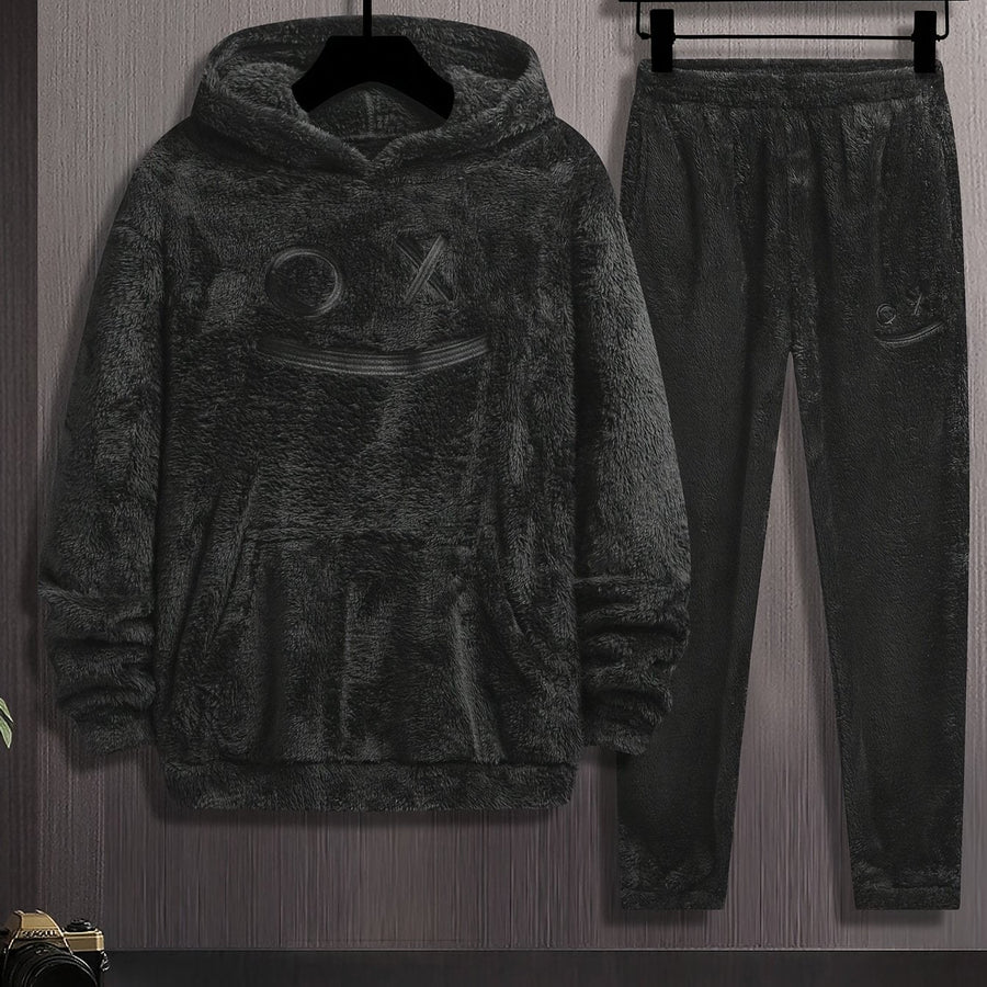 Ensemble Homme Doux Noir à Capuche et Pantalon Motif Géométrique Relief