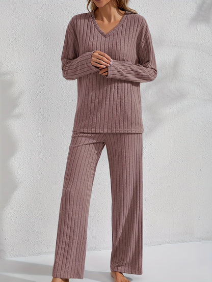 Ensemble détente côtelé Femme col V, pantalon large et haut manches longues