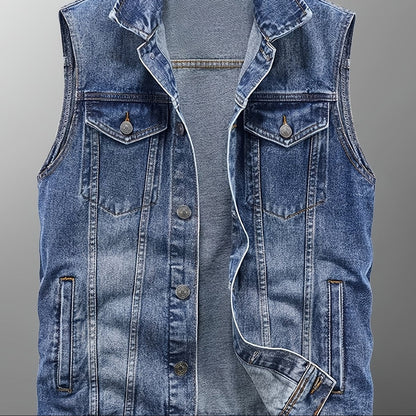 Gilet en Jean sans Manches pour Homme, Boutons Métalliques, Poches Poitrine et Latérales