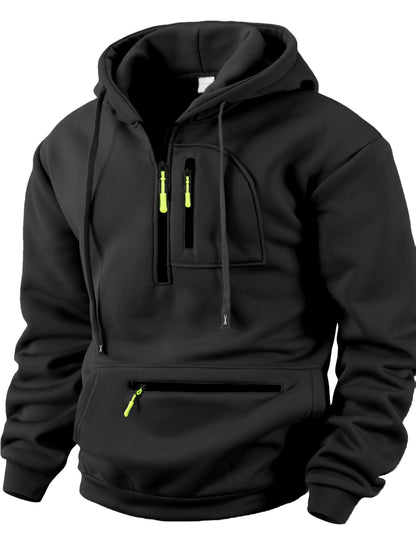 Sweat à Capuche Homme Mi-Zip avec Poches Zippées Devant Kaki