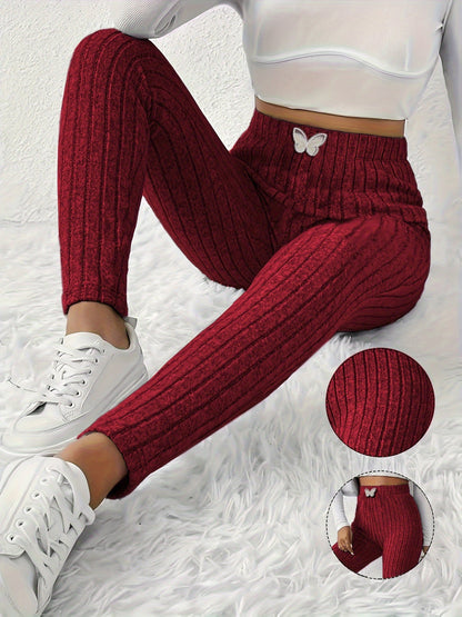 Legging côtelé gris clair taille haute avec détail papillon