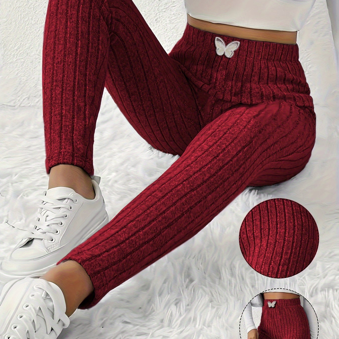 Legging côtelé gris clair taille haute avec détail papillon