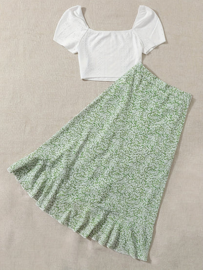 Women's Boho Chic Set – Short Sleeve Crop Top and Floral Wrap Skirt