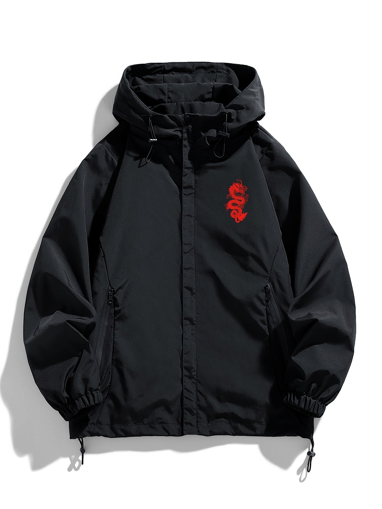 Veste à Capuche Noire Imprimé Dragon Rouge Fermeture Éclair Homme