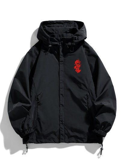 Veste à Capuche Noire Imprimé Dragon Rouge Fermeture Éclair Homme