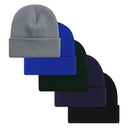 Lot de 5 Bonnets en Maille Côtelée avec Revers – Couleurs Assorties ou Unies