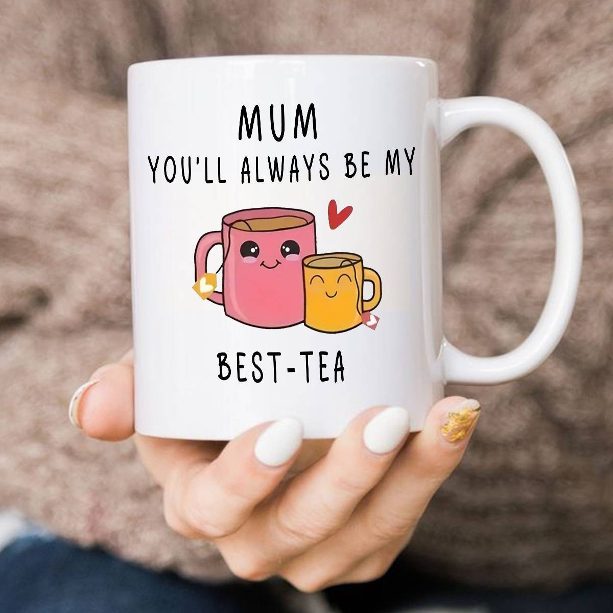 Taza de regalo para mujer – Taza humorística para mamá – Idea de regalo para el Día de la Madre – Estilo kawaii, mensaje "Mamá, siempre serás mi mejor té"