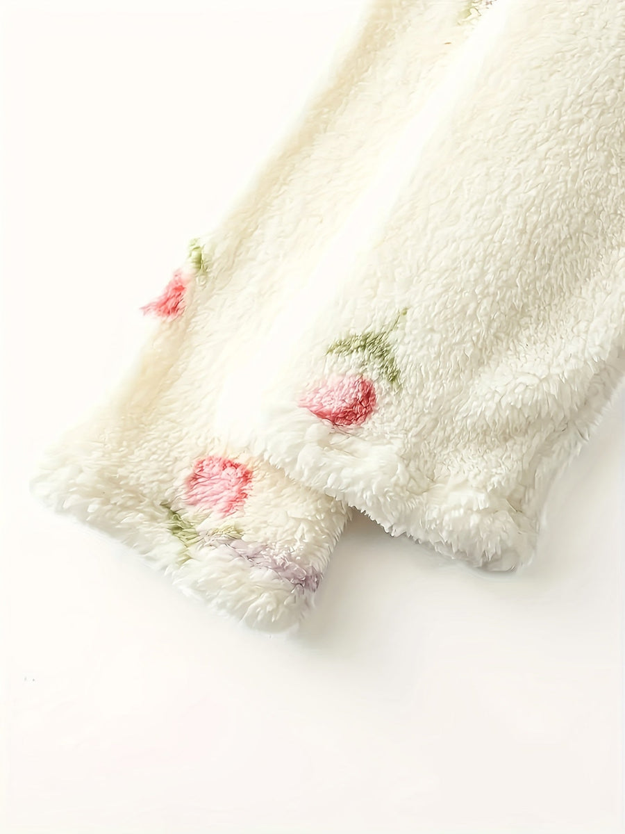 Robe de Nuit Molletonnée Femme Crème à Motifs Floraux Manches Longues