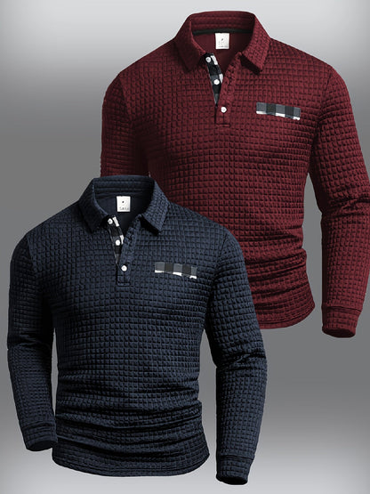Polo homme à manches longues texturé quadrillé bicolore col chemise