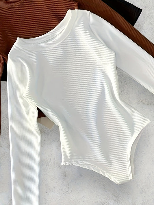 Body Femme côtelé Manches Longues Col Rond Blanc