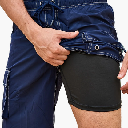 Sportliche Herren-Badeshorts mit reibungsarmer Innenhose und Tasche – ideal für Strand und Pool  