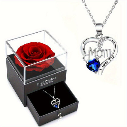 Collier Femme Pendentif Coeur 'Mom' avec Rose Éternelle – Cadeau Élégant pour la Fête des Mères