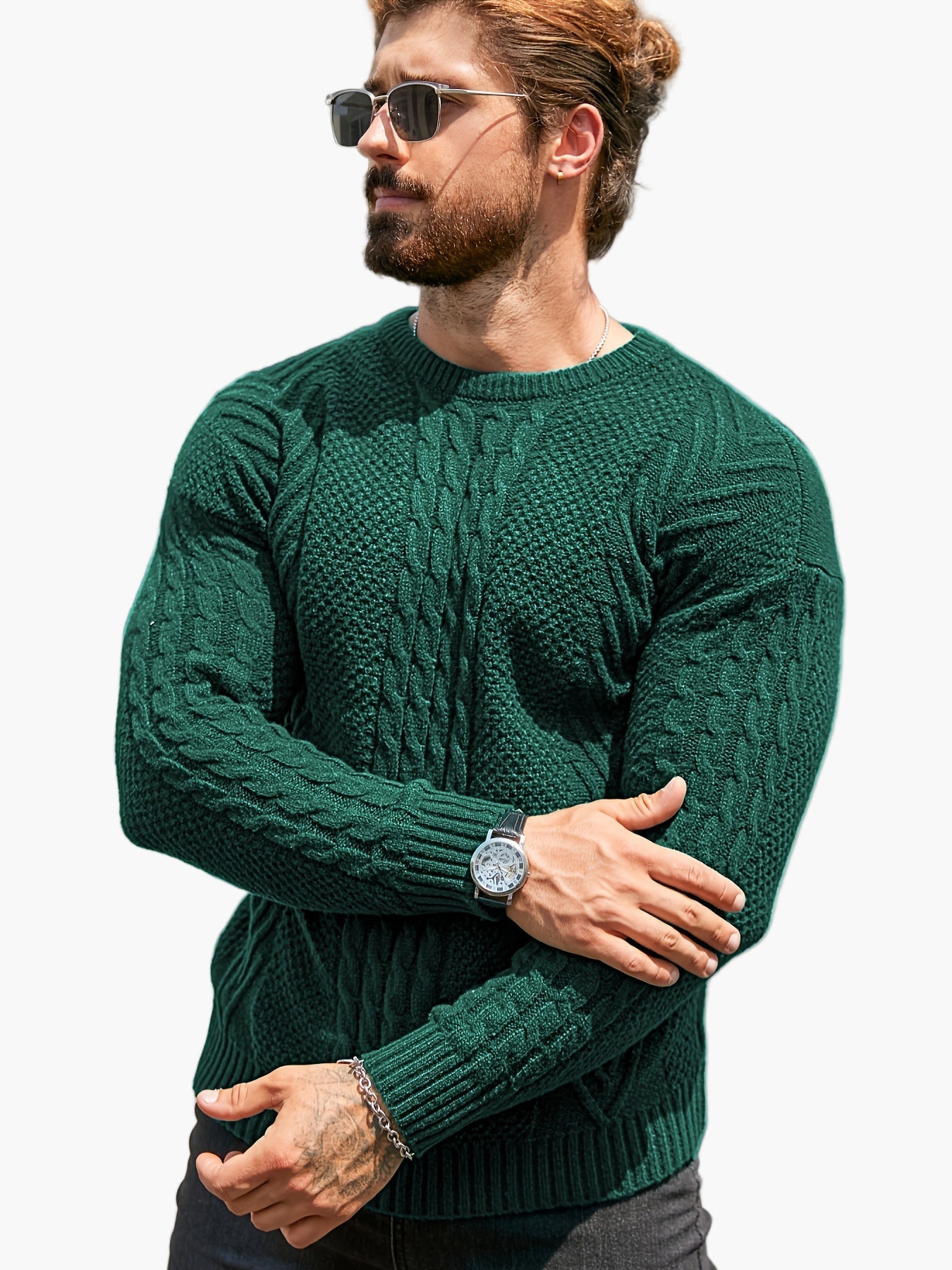 Jersey de punto trenzado para hombre estilo urbano casual – Mangas largas, elegante otoño/invierno