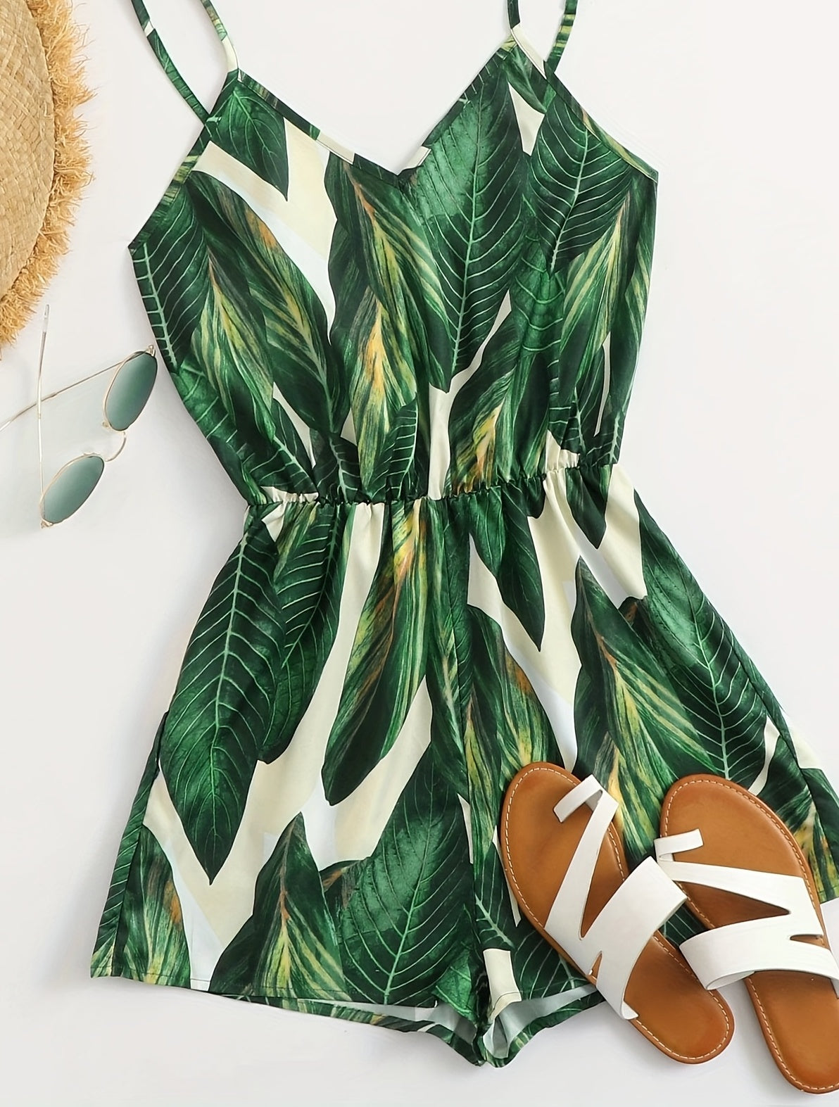 Tuta corta estiva con motivo tropicale da donna, stile vacanze, casual e chic