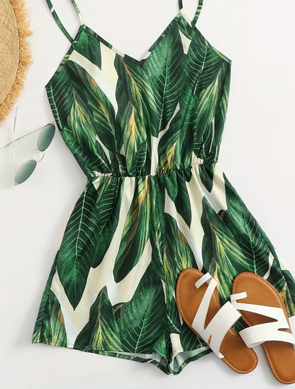 Tuta corta estiva con motivo tropicale da donna, stile vacanze, casual e chic